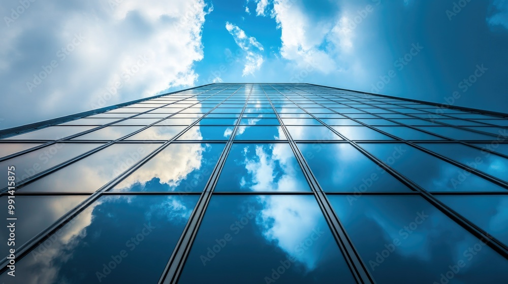 Poster a towering skyscraper in a cityscape with a large empty sky providing ample copy space.