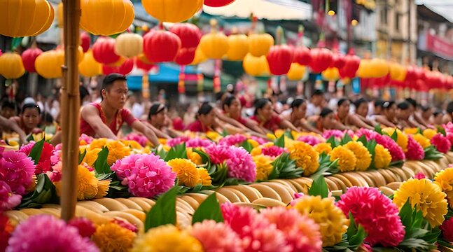 Kadayawan Celebration. Flower and Fruit Floats with Davao City Skyline