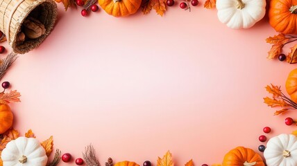 Cornucopia, pumpkins, and cranberries around the edges, smooth gradient backdrop, Thanksgiving feast, empty center for text
