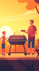 Joyful Family Barbecue at Sunset in Backyard