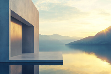 Abstract 3D rendering of minimalist style architectural space scene, mountain and lakeside building