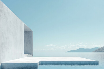 Abstract 3D rendering of minimalist style architectural space scene, mountain and lakeside building