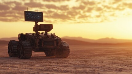 Fototapeta premium A military robot conducting reconnaissance in a desert landscape, highlighting AI's role in defense and surveillance.