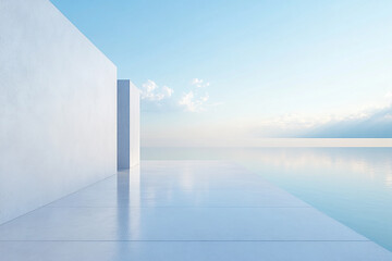 Obraz premium Abstract 3D rendering of minimalist style architectural space scene, mountain and lakeside building