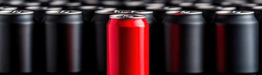 Obraz premium A striking image of a red can standing out among a row of black cans, emphasizing uniqueness and vibrant color contrast.