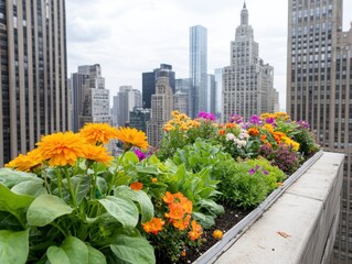 Fototapeta premium Vibrant flowers bloom on a rooftop garden, contrasting with a stunning skyline view of modern skyscrapers.