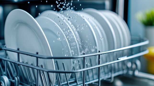 A dishwasher full of dishes with water spraying out from the bottom, AI