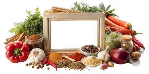 The wooden picture frame is surrounded by various fresh vegetables and colorful spices.The empty frame creates a focal point among the vibrant components against a transparent background.AI generated.