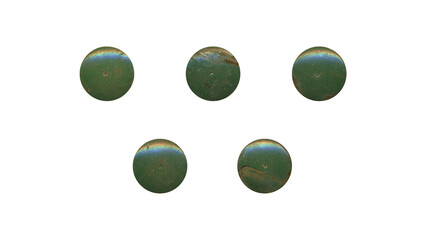 a set of green aged circles, rusty stationery tacks in png format, front view, isolated metal push rounded pins on transparent background