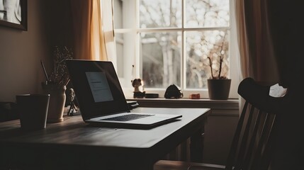 Fototapeta premium A minimalist workspace with a laptop, decorative items, and a comfortable chair