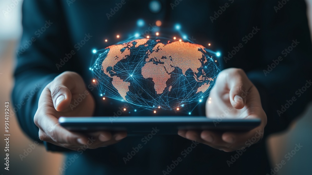 Aufkleber a person holding a tablet displaying a 3d holographic representation of a global network in a modern