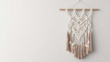 A beautiful macrame wall hanging featuring intricate patterns and soft fringes, perfect for enhancing any interior decor.