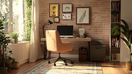 A cozy home office setup with a laptop, a comfy chair, and a soft rug