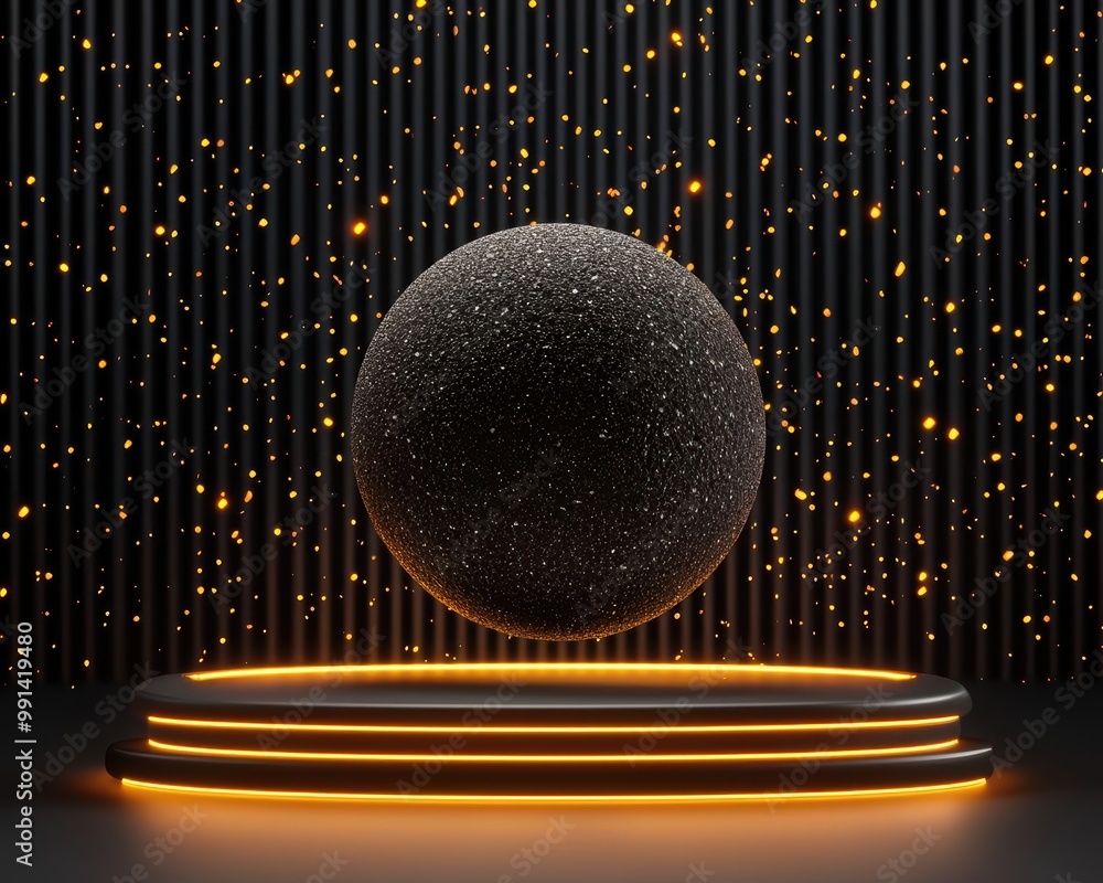 Poster 3d floating sphere on illuminated platform with glowing particles in dark background.