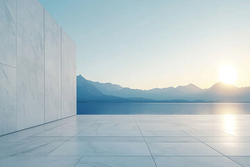 Fototapeta premium Abstract 3D rendering of minimalist style architectural space scene, mountain and lakeside building
