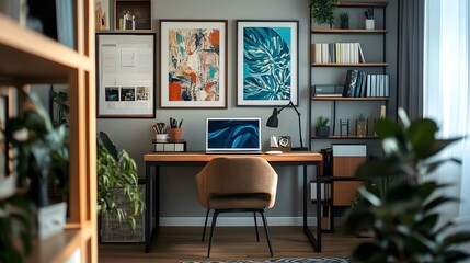 A stylish home office with a laptop, a wall of art, and a comfortable chair