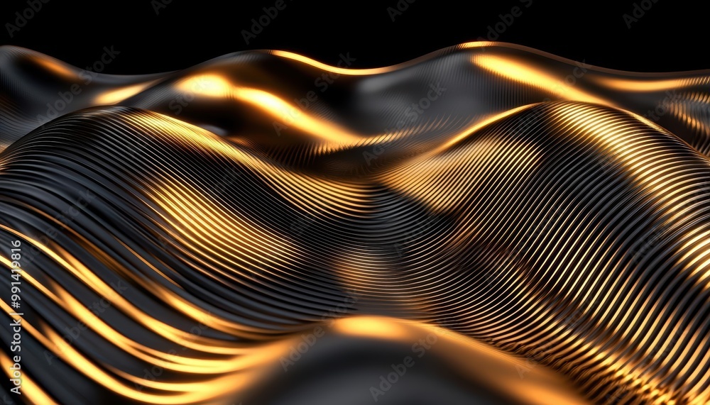 Poster abstract golden waves with smooth textures and flowing patterns on black background.