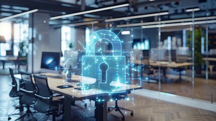 Cyber security  concept with lock in office interior
