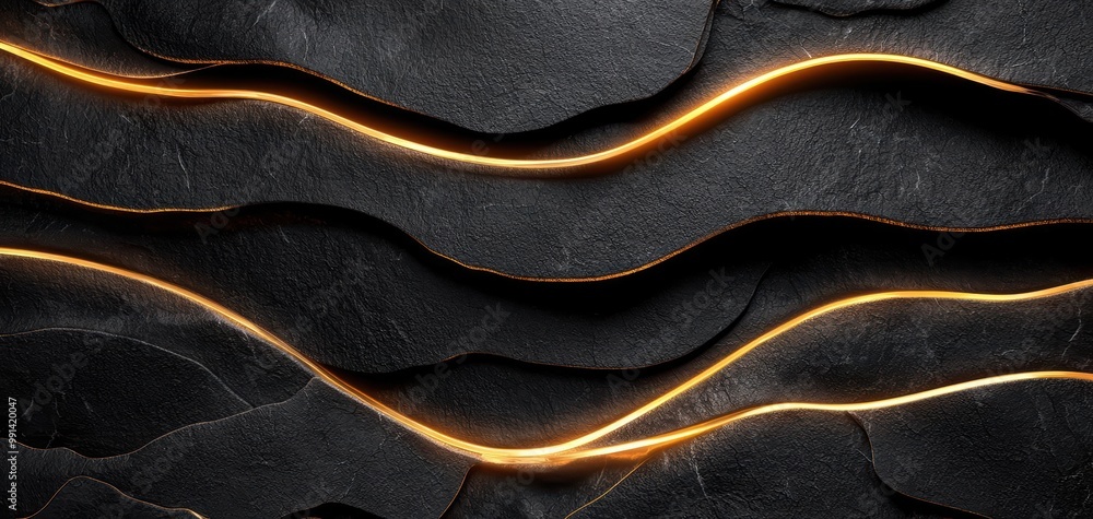 Poster abstract waves of black and gold texture with smooth curves and depth.