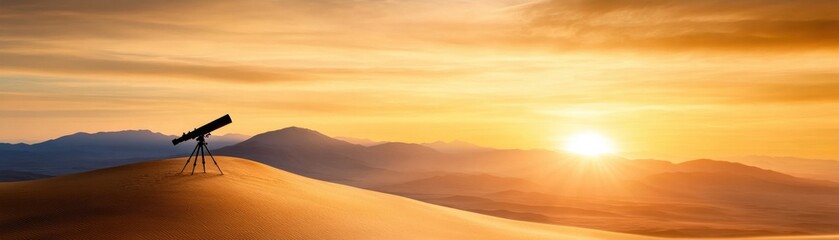 Obraz premium A serene landscape featuring a telescope on a dune, capturing the beauty of a sunset over rolling hills and desert sands.