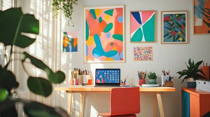 A bright workspace with a desk, laptop, and vibrant artwork on the walls