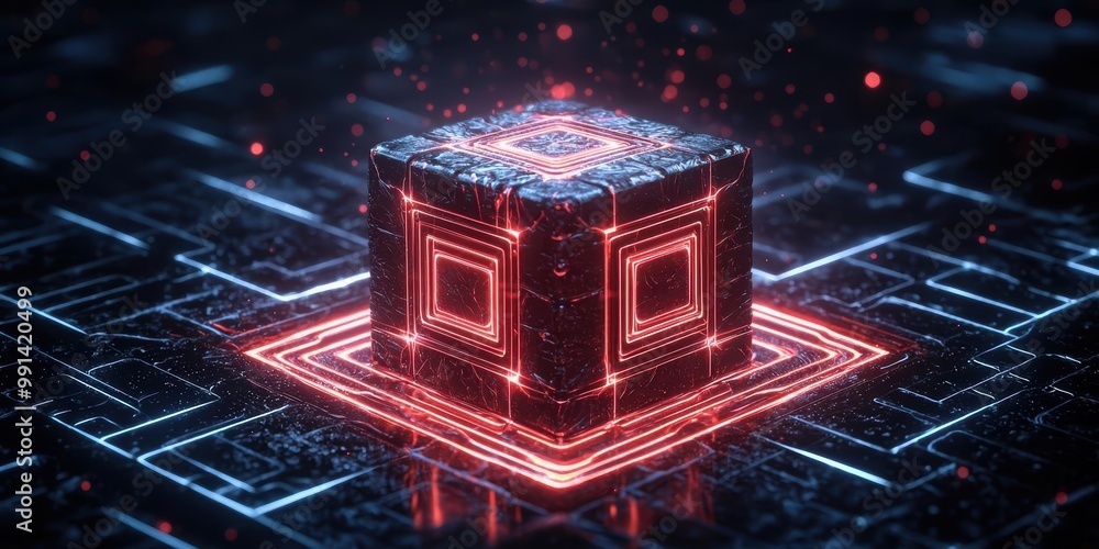 Poster futuristic 3d cube with glowing red lines on a digital circuit background.