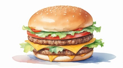 A Delicious Cheeseburger Stacked With Fresh Ingredients on a White Background