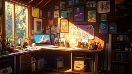 A cozy home office corner with a desk, laptop, and a collection of art supplies