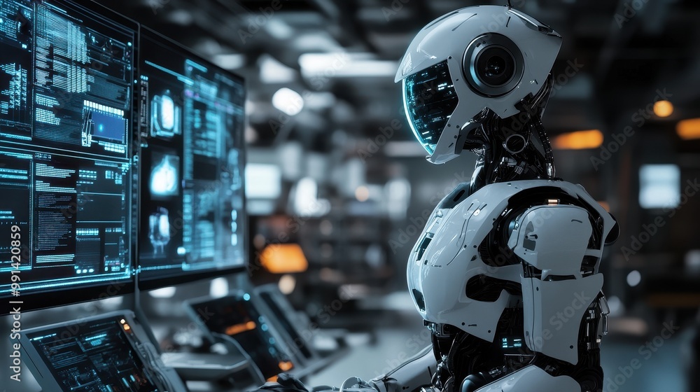Poster futuristic white robot working at a control panel