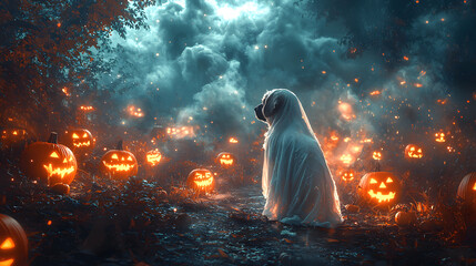 Boxer in Ghost Costume in Spooky Forest Setting