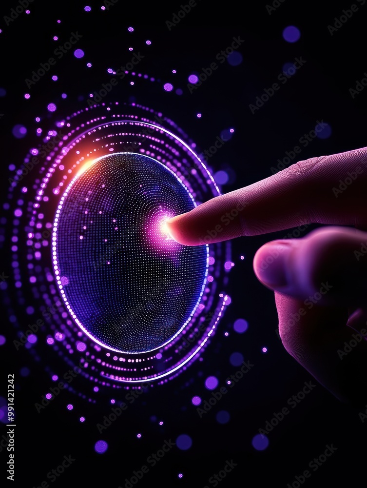 Poster finger touching a glowing orb in a dark digital space with colorful particles.