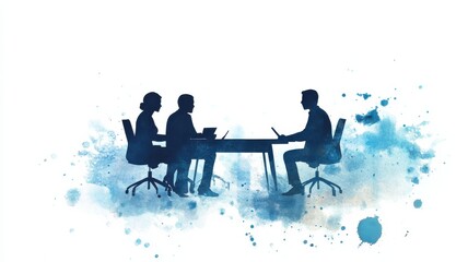 A creative watercolor illustration of three professionals engaged in a collaborative meeting around a table.