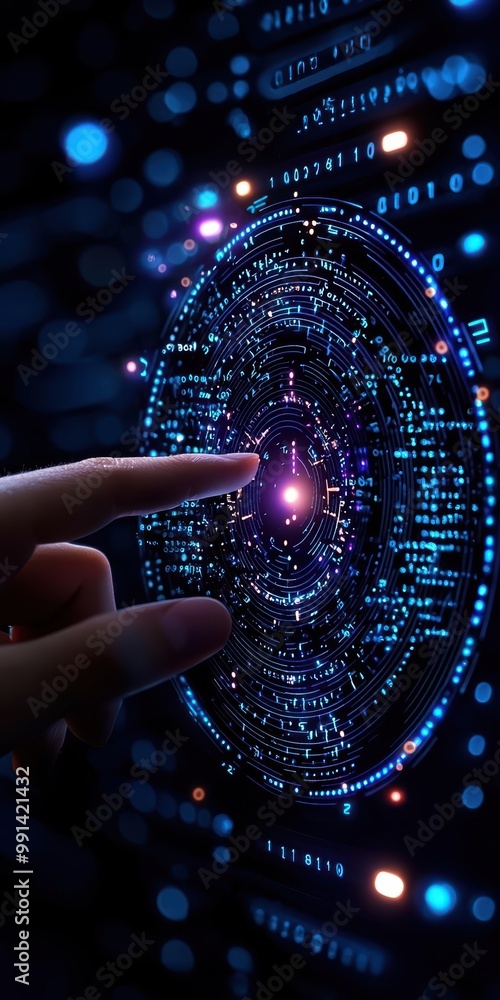 Poster futuristic interface with a hand reaching for a glowing digital display.