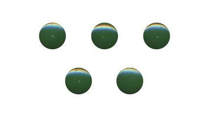 a set of green clear circles, empty stationery tacks in png format, front view, isolated metal push rounded pins on transparent background