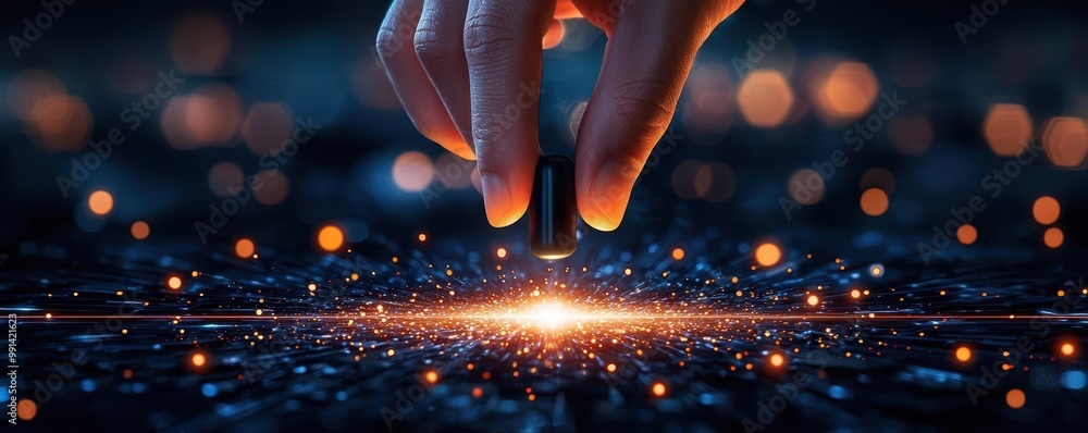Poster hand interacting with glowing particles, creating sparks in dark environment.