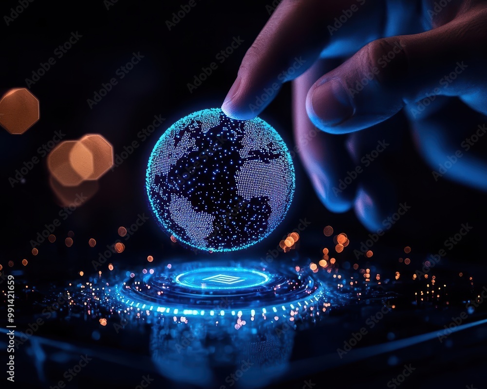 Poster hand interacting with a glowing digital globe on a holographic interface.