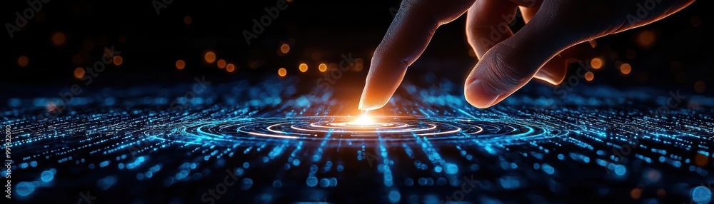 Poster hand touching glowing digital data, symbolizing interaction with technology.