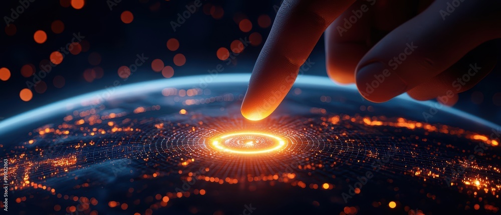 Poster hand touching glowing digital earth with lights representing data connection.
