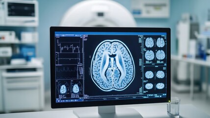 Detailed brain scans displayed on a monitor in a modern medical facility, showcasing advanced imaging technology.
