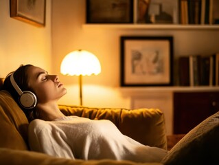 Obraz premium A woman relaxes on a couch, enjoying music through headphones in a cozy, softly lit room with books and art.