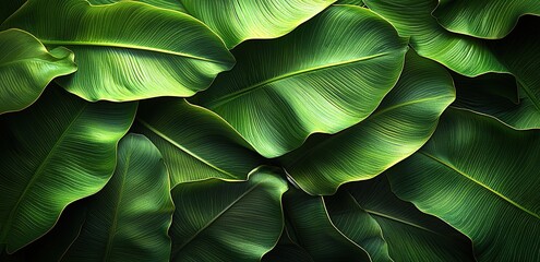 Obraz premium Lush green tropical leaves arranged in a pattern.