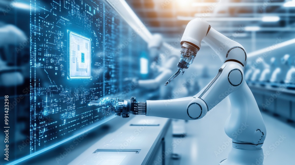 Poster futuristic robotic arm interacting with advanced technology in a modern production environment. inno