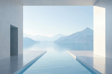 Abstract 3D rendering of minimalist style architectural space scene, mountain and lakeside building