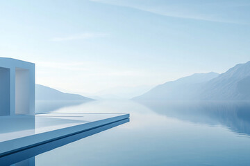 Abstract 3D rendering of minimalist style architectural space scene, mountain and lakeside building