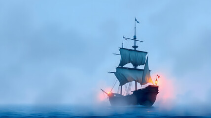 Fototapeta premium Misty morning with an old sailing ship navigating through foggy waters