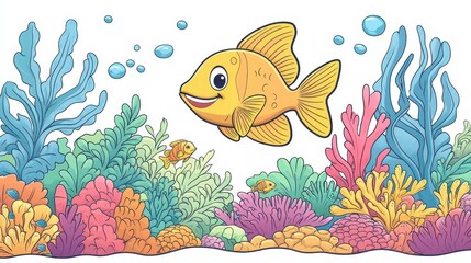 Naklejka premium Cheerful Yellow Fish in Vibrant Coral Reef