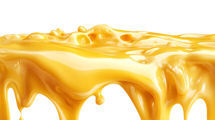 Melting cheese runs from top to bottom, golden yellow, isolated, 