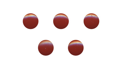 a set of red clear circles, empty stationery tacks in png format, front view, isolated metal push rounded pins on transparent background