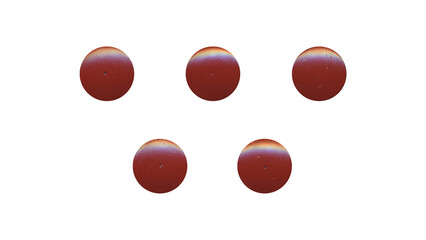 a set of red clear circles, empty stationery tacks in png format, front view, isolated metal push rounded pins on transparent background
