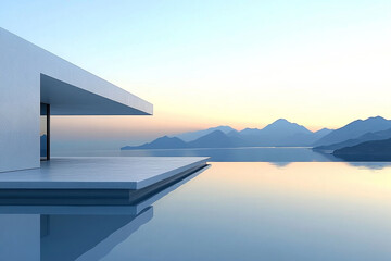Abstract 3D rendering of minimalist style architectural space scene, mountain and lakeside building